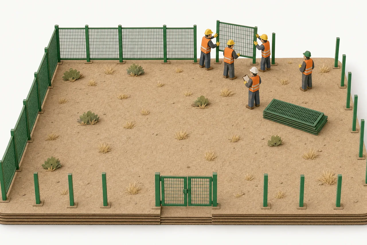 Maqueta de una parcela donde la cuadrilla monta un panel de malla Acmafor 3D verde sobre los postes, con el tramo de cierre ya terminado al costado